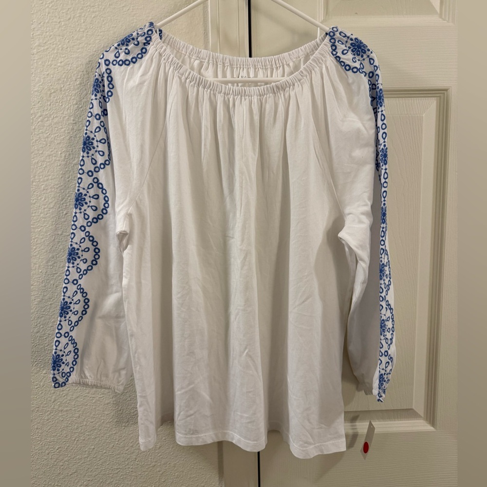 NWT Talbots White Blouse with Blue Embroidery